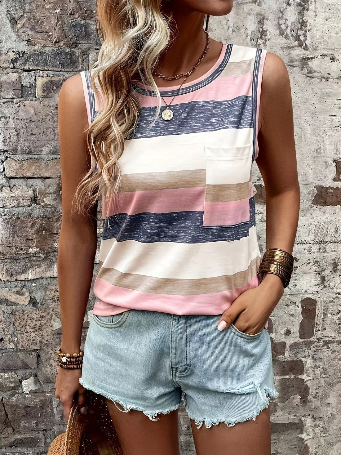 Striped Print Crew Neck Tank Top, Casual Sleeveless Patched Pocket Tank Top