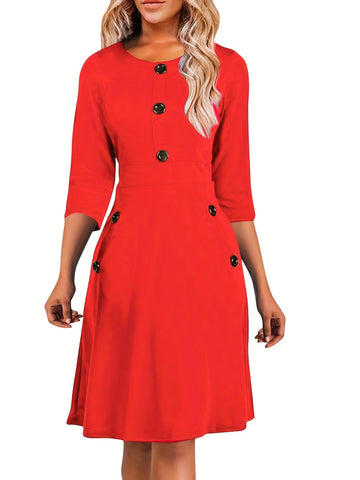 Solid Button Crew Neck Half Sleeve High Waist Dress, Elegant Ruffled Hem Slim Midi Dress