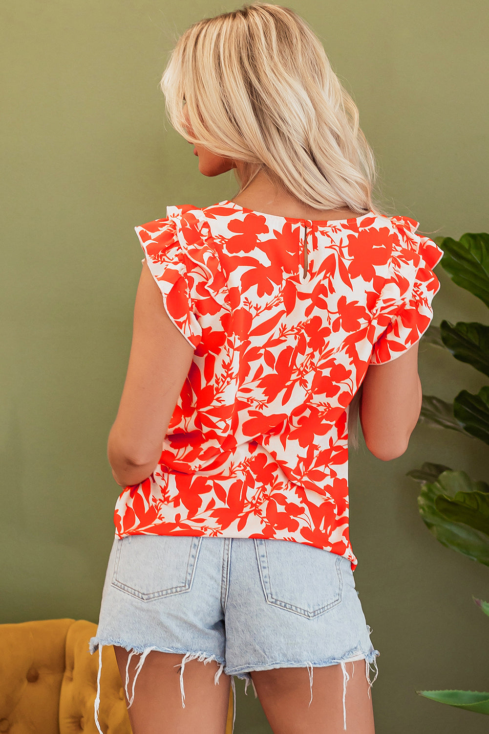 Orange Floral Ruffle Sleeve Print Top