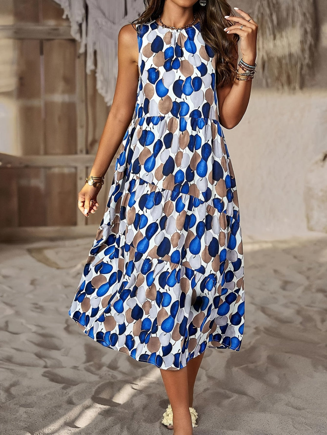 Allover Print Crew Neck Tank Dress, Casual Sleeveless Flowy Dress