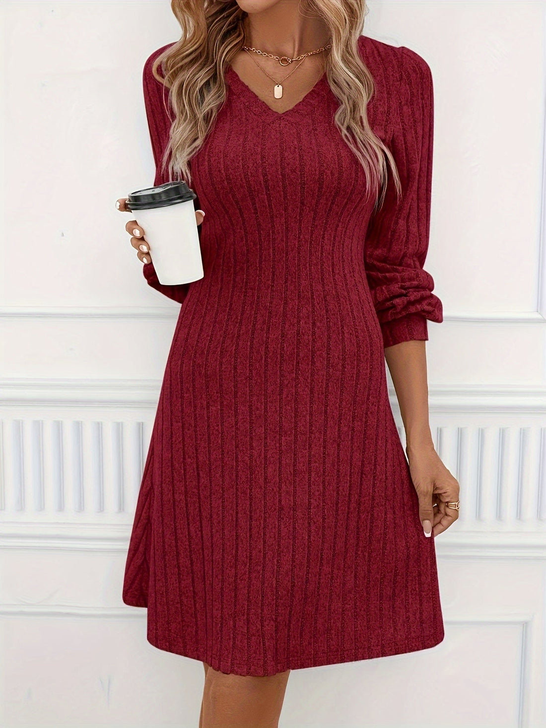 Long Sleeve Ribbed Solid Color Elegant V-neck A-line Dress