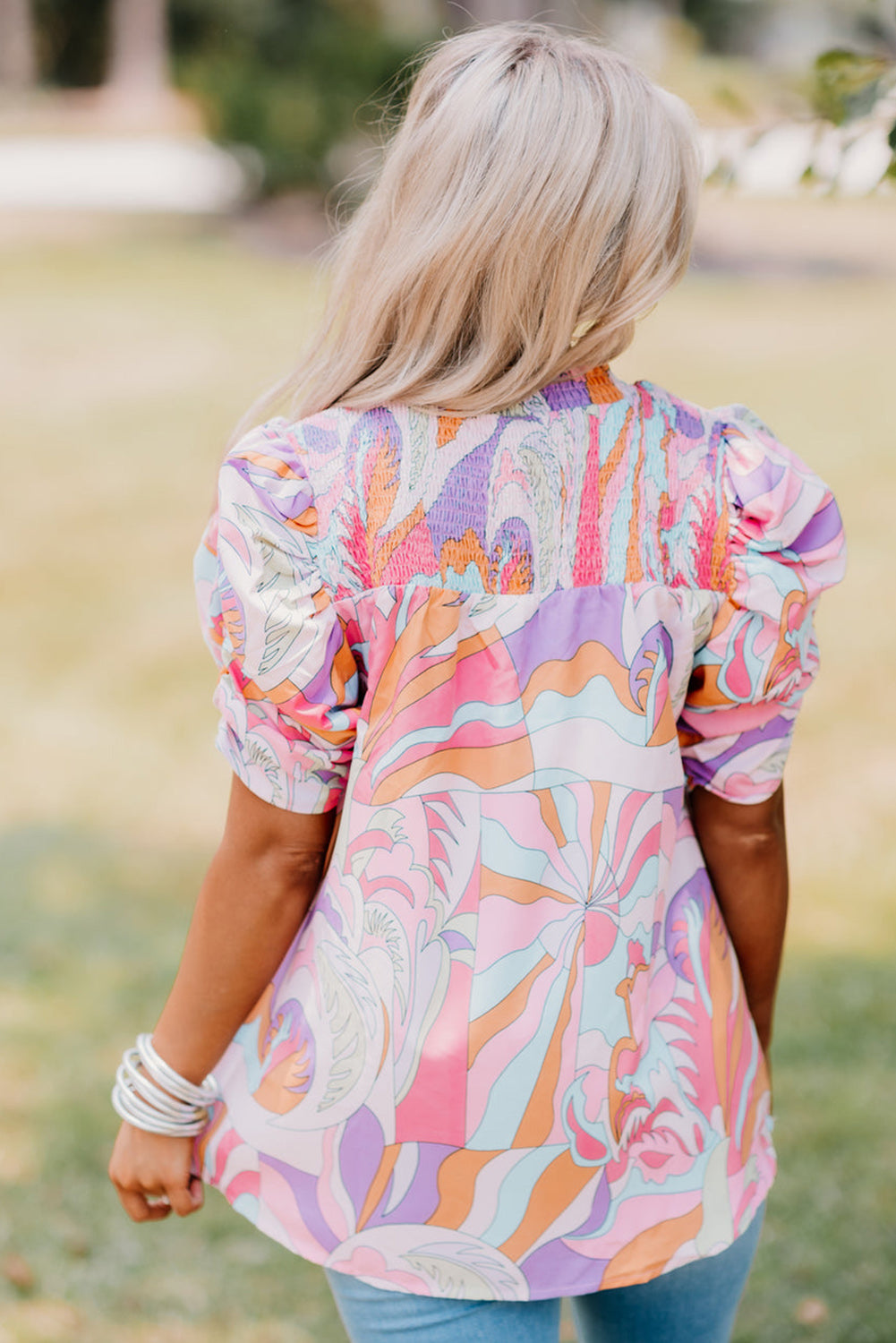 Pink Abstract Print Bubble Sleeve Smock Detail Blouse