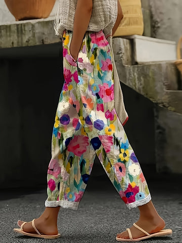 Floral Print Pants, Casual Elastic Waist Pants