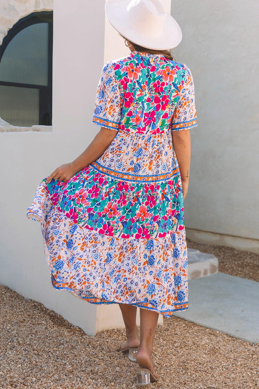 Sky Blue Mixed Floral Print Tie Split Neck Short Sleeve Dress