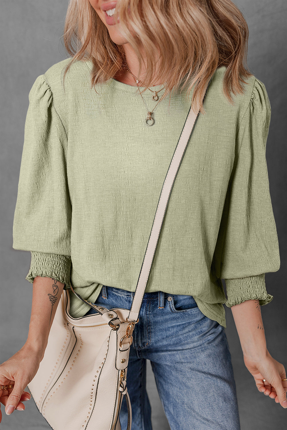 Laurel Green Textured Round Neck Half Sleeve Blouse