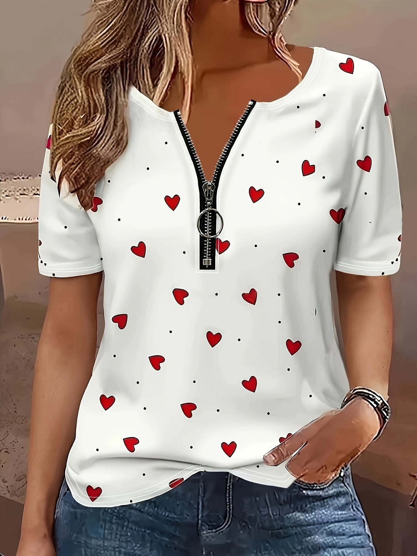 Heart Print T-Shirt, Casual Zipper Crew Neck Short Sleeve T-Shirt