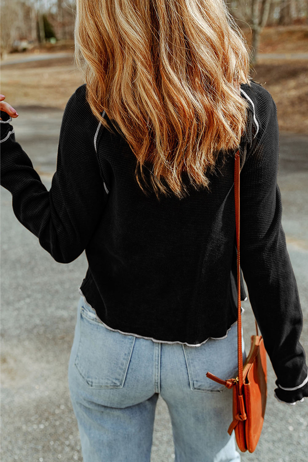 Black Textured Round Neck Long Sleeve Top