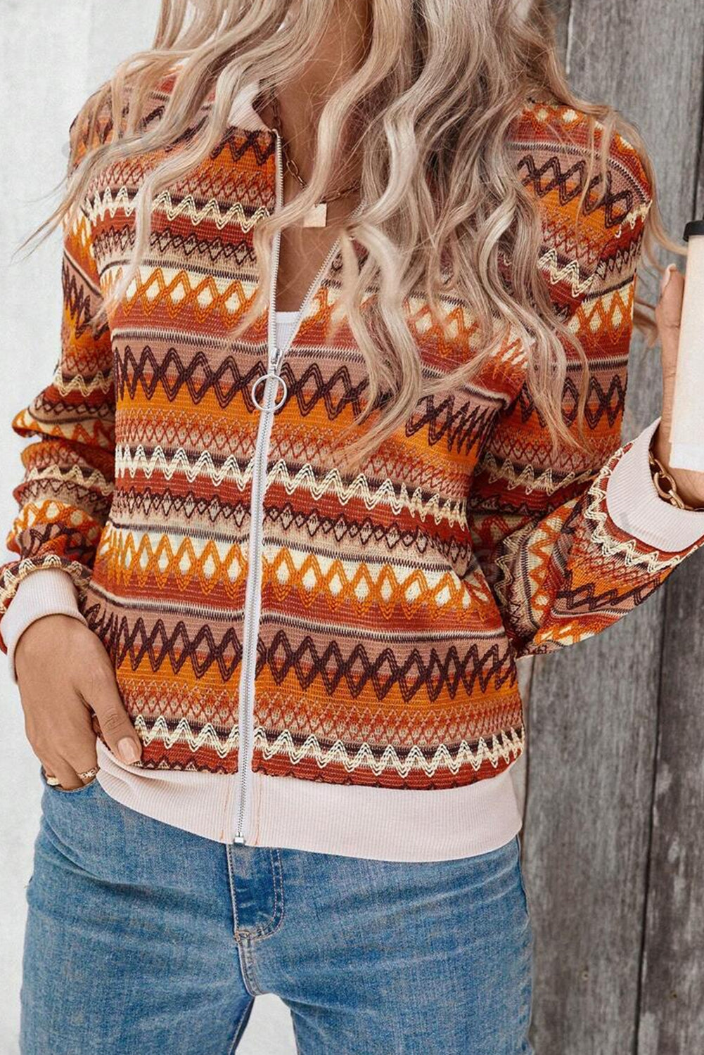 Orange Boho Striped Zip Up Long Sleeve Jacket