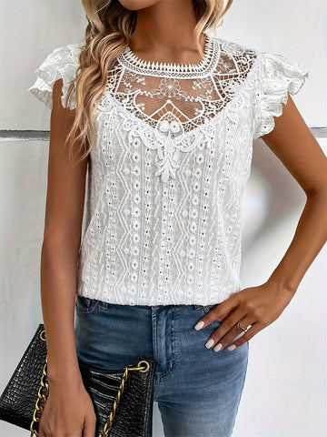 Lace Splicing Eyelet Top, Versatile Ruffle Trim Crew Neck Blouse