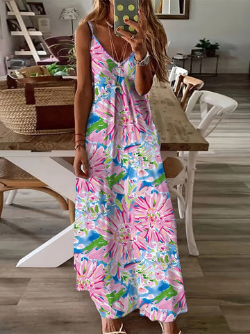 Elegant Allover Print V Neck Maxi Dress