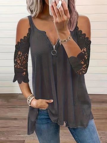 Cold Shoulder Zipper Top, V Neck Short Sleeve Lace Stitching T-Shirt