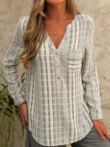 Colorblock Stripe Print V Neck Blouse, Casual Long Sleeve Blouse