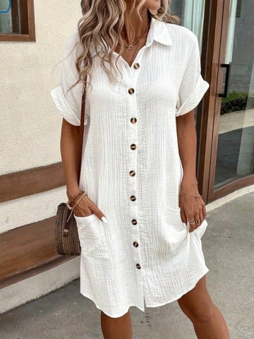 Women's summer new casual solid color single breasted medium long short sleeve loose casual dress