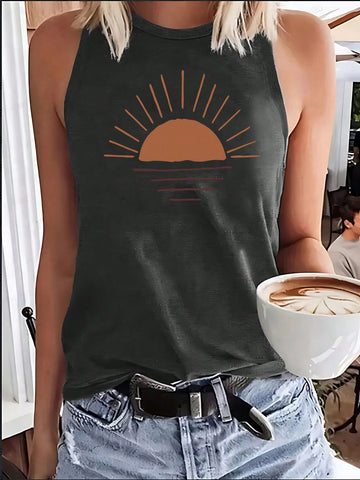 Sunrise Easy Line Drawing Printed Casual Round Neck Tank Top