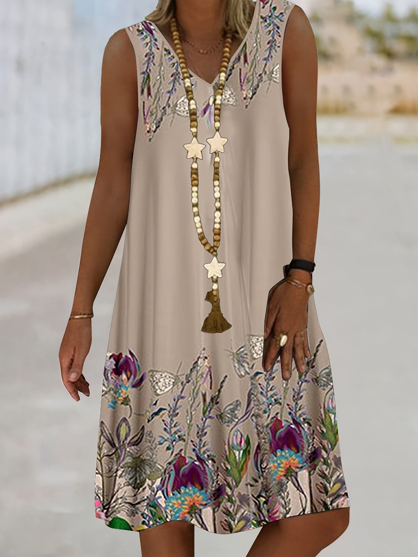 Floral Print V-neck Tank Dress, Vacation Sleeveless Dress