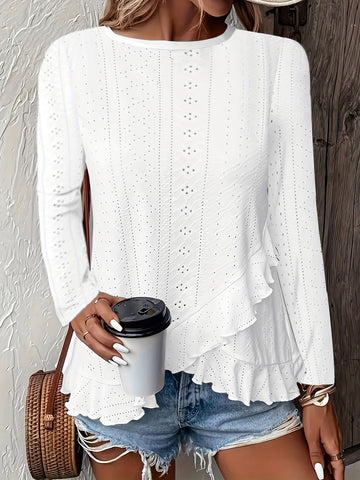 Stylish Asymmetrical Ruffle Hem Long Sleeve Top - Elegant Embroidered Solid Clothing