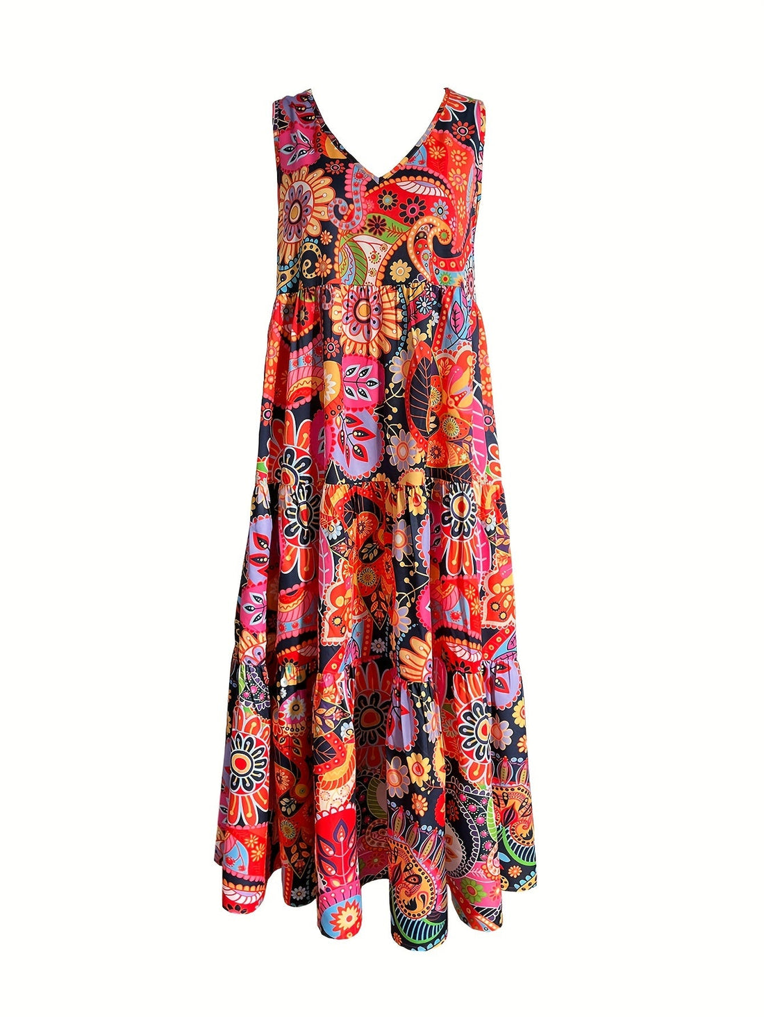 Paisley Print V Neck Maxi Dress, Vacation Sleeveless Ruffle Hem Loose Dress