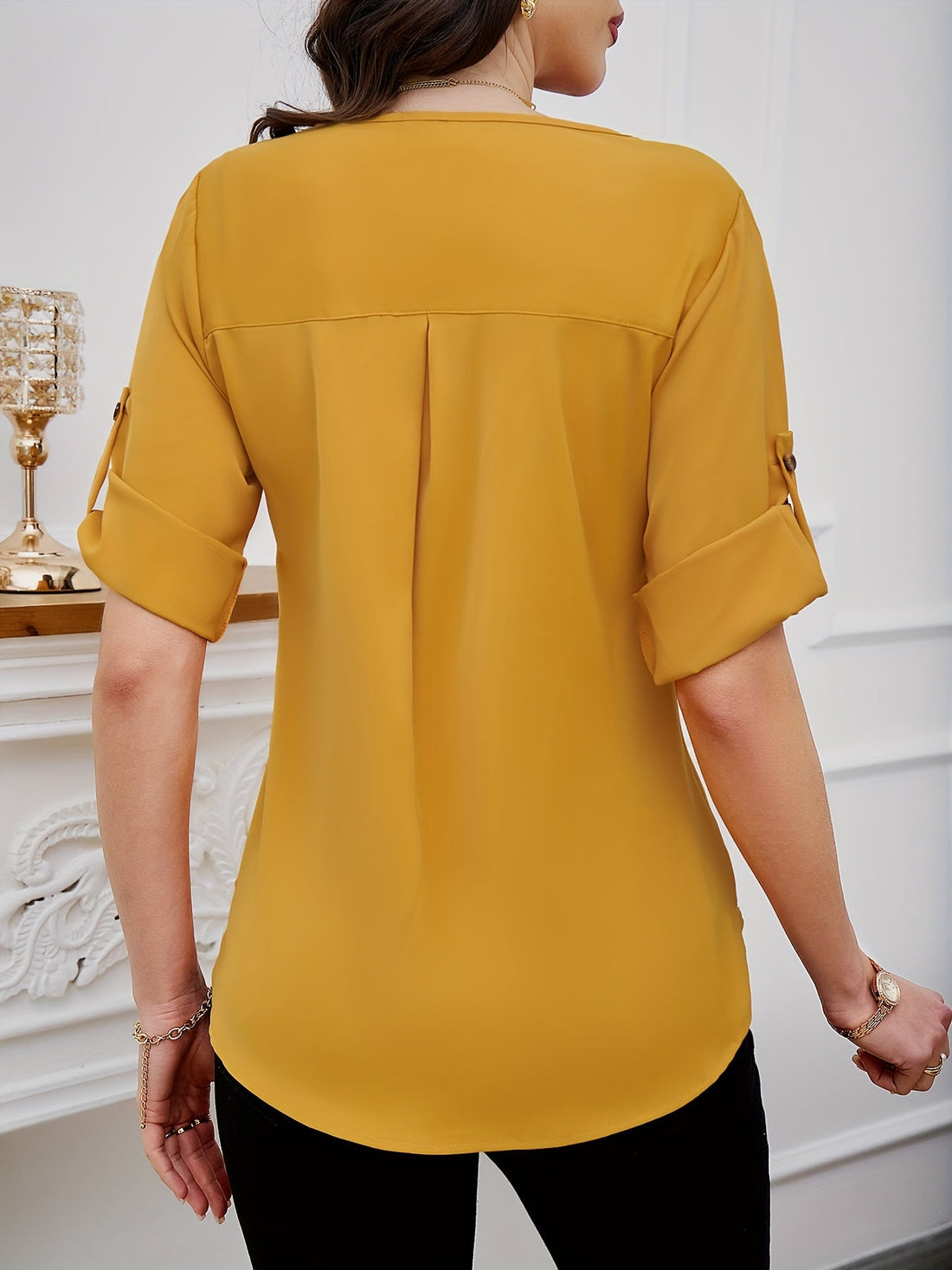 Solid Round Decor Pleated Blouse, Elegant Crew Neck Short Sleeve Blouse