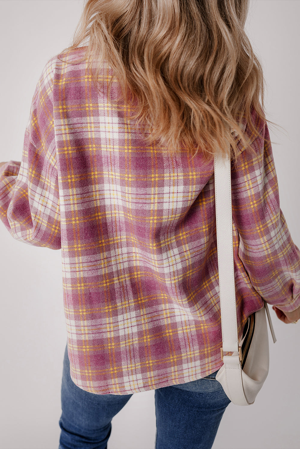 Pink Plaid Print Chest Pocket Long Sleeve Shacket