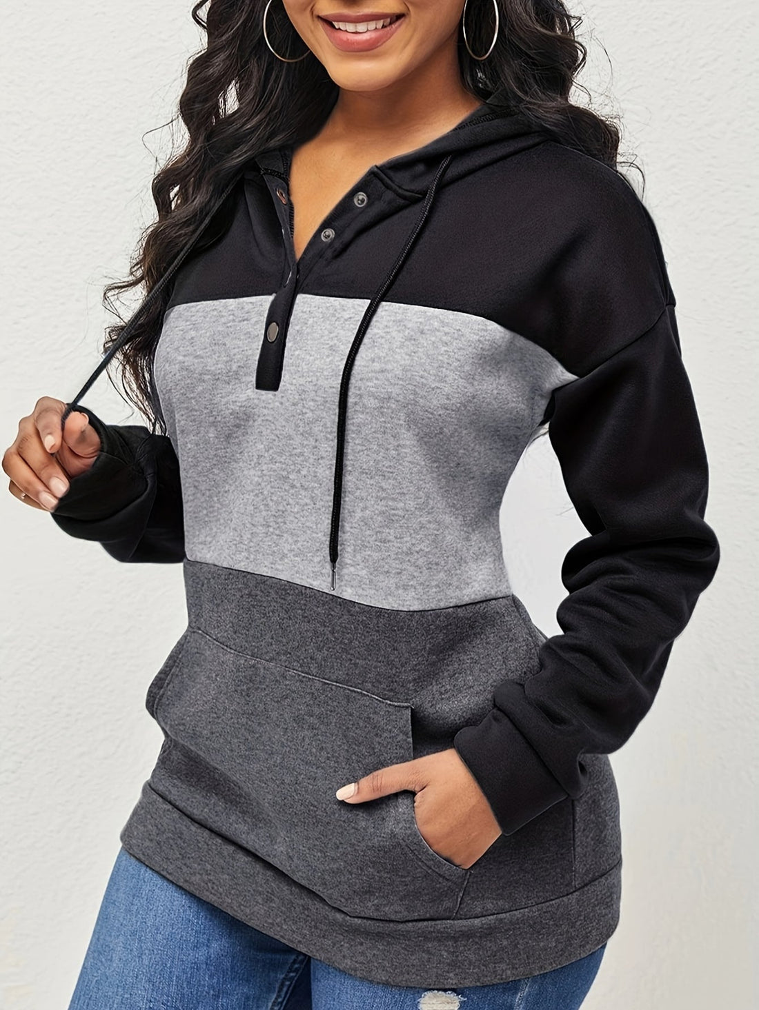 Color Block Button Drawstring Hoodie, Casual Long Sleeve Kangaroo Pocket Sweatshirt