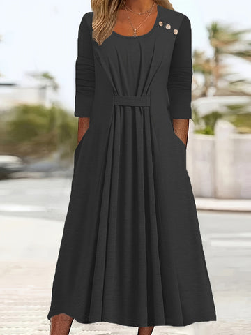 Solid Color, Flared Hem, Comfort Fit Casual Crew Neck Long Sleeve Midi Dress