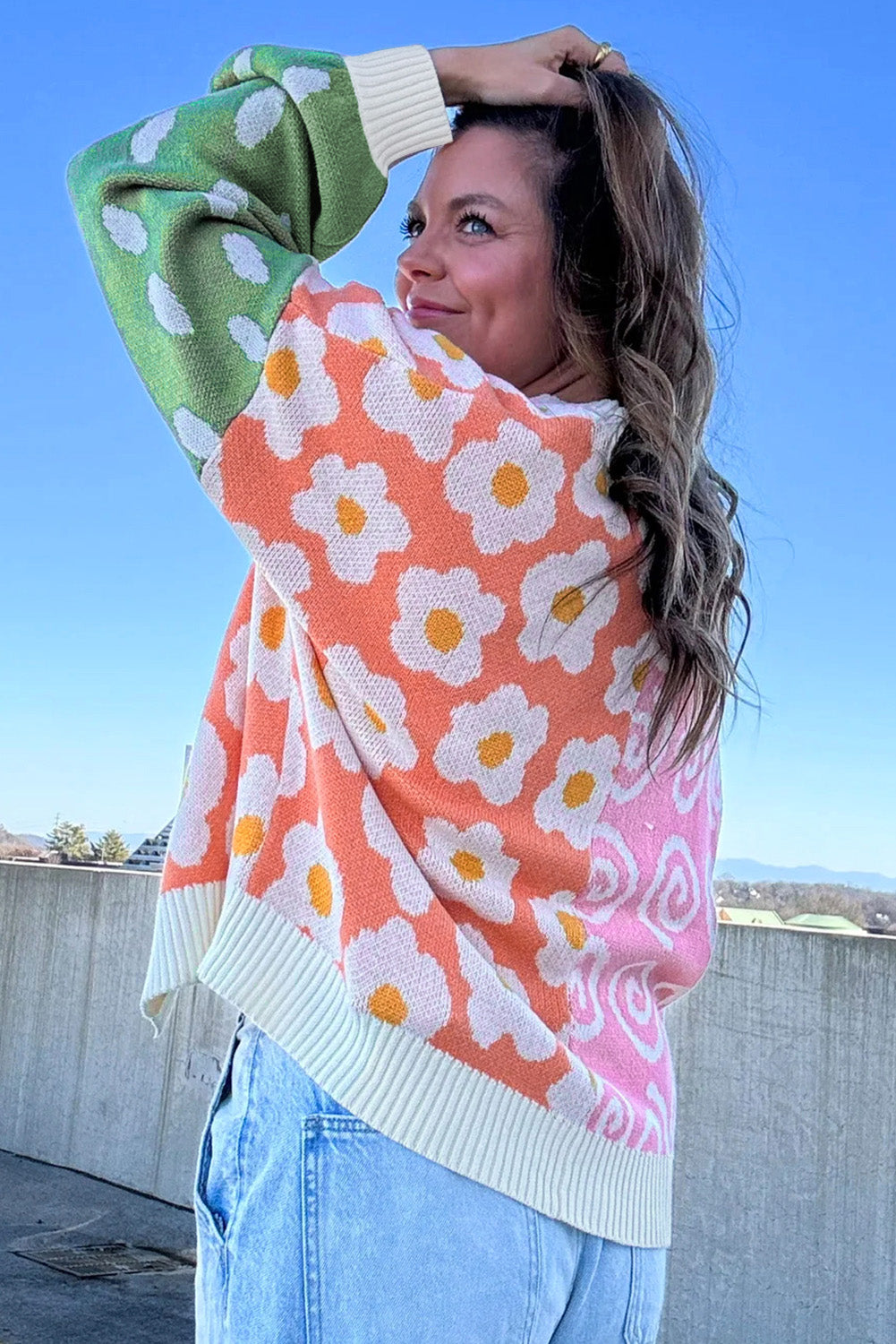 Orange Flower & Dotted Mixed Print Colorblock Open Front Cardigan