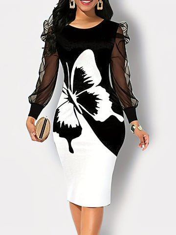 Butterfly Print Contrast Mesh Dress, Elegant Crew Neck Long Sleeve Dress