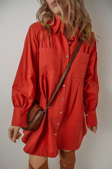 Tomato Red Bishop Sleeve Button Up Pleated Mini Shirt Dress