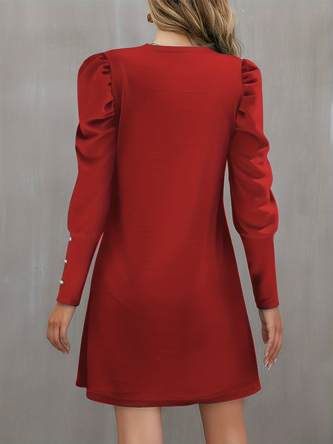 Solid Crew Neck Dress, Elegant Puff Sleeve Button Decor Dress