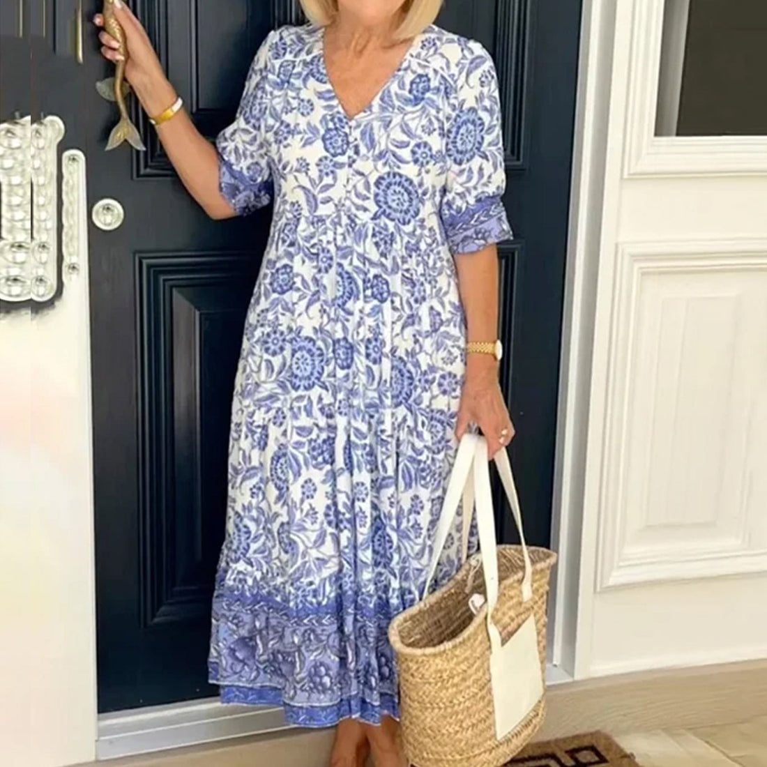 Floral Print Ethnic Short Sleeve V Neck Midi Dress