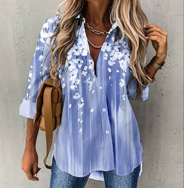 Retro Loose Long Sleeve Sexy V-neck Floral Print Button Shirt