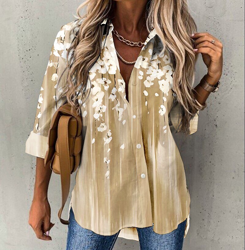 Retro Loose Long Sleeve Sexy V-neck Floral Print Button Shirt