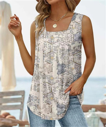 Square Neck Vest Print Sleeveless Loose Vest