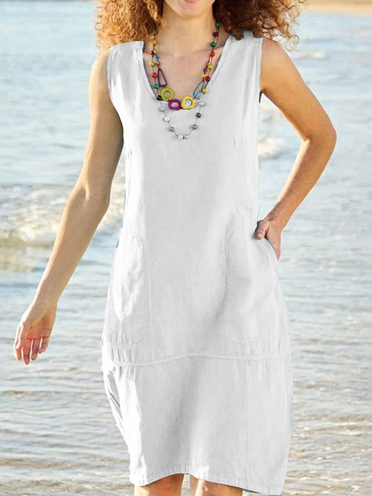 O Neck Sleeveless Pocket Solid Color Loose Cotton Linen Midi Dreses