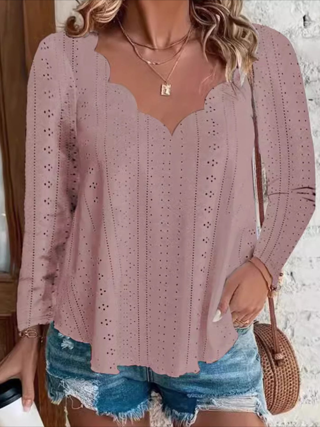 Eyelet Scallop Edge V Neck T-Shirt, Casual Long Sleeve Top