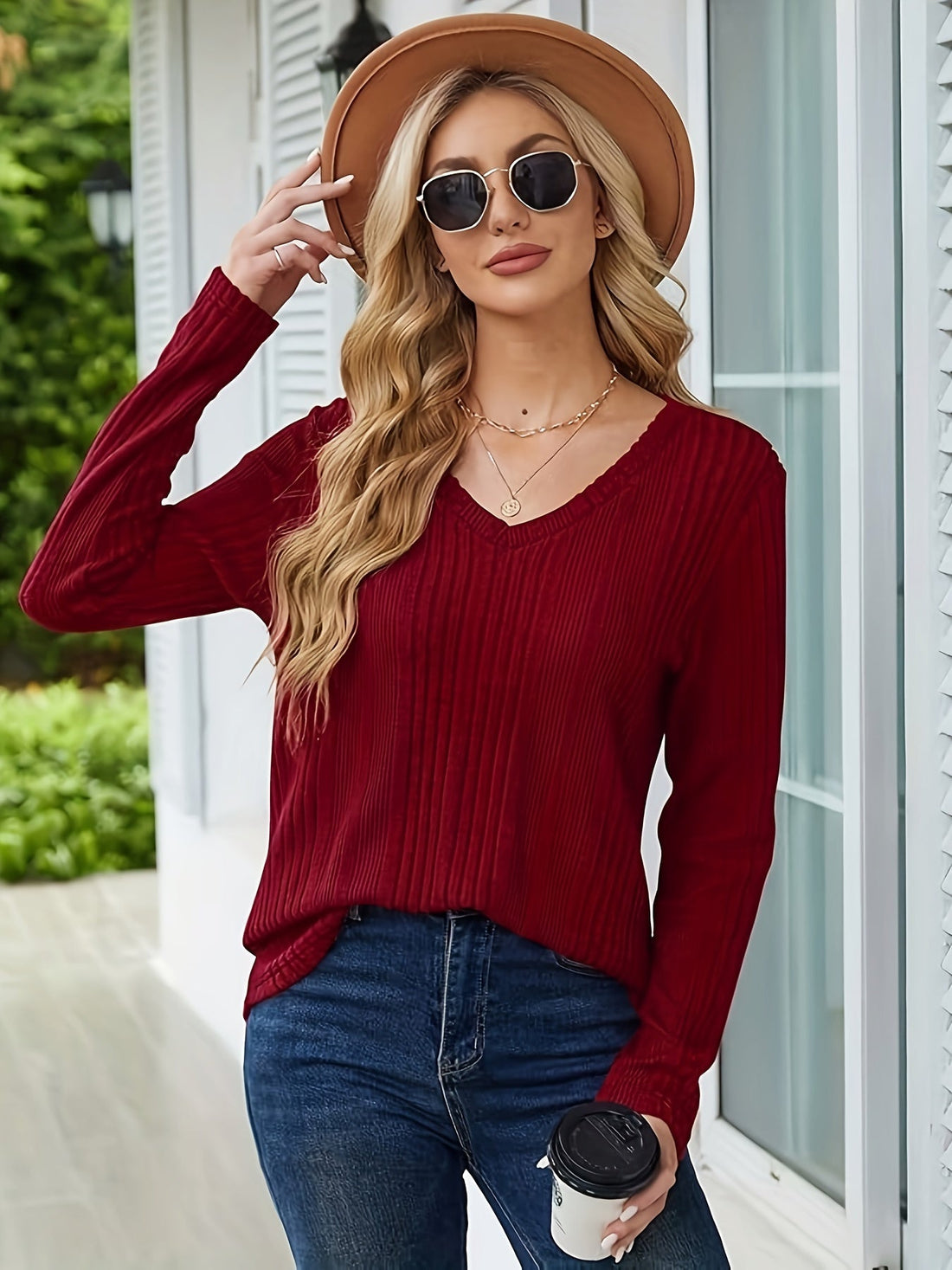 Elegant Women's V-Neck Long Sleeve T-Shirt - Soft Polyester & Spandex Blend, Machine Washable