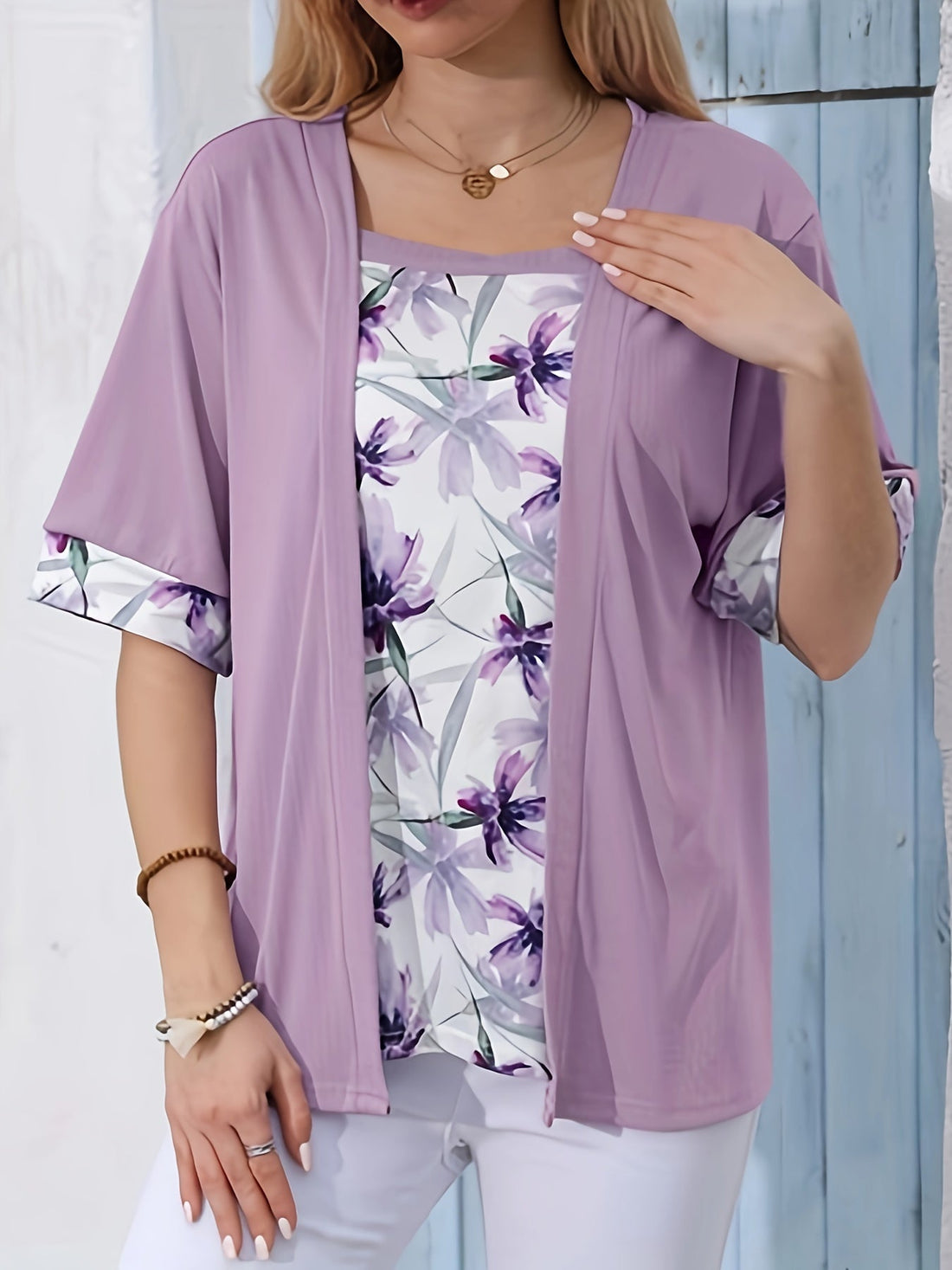 2-in-1 Floral Print T-shirt, Half Sleeve Square Neck Casual Top