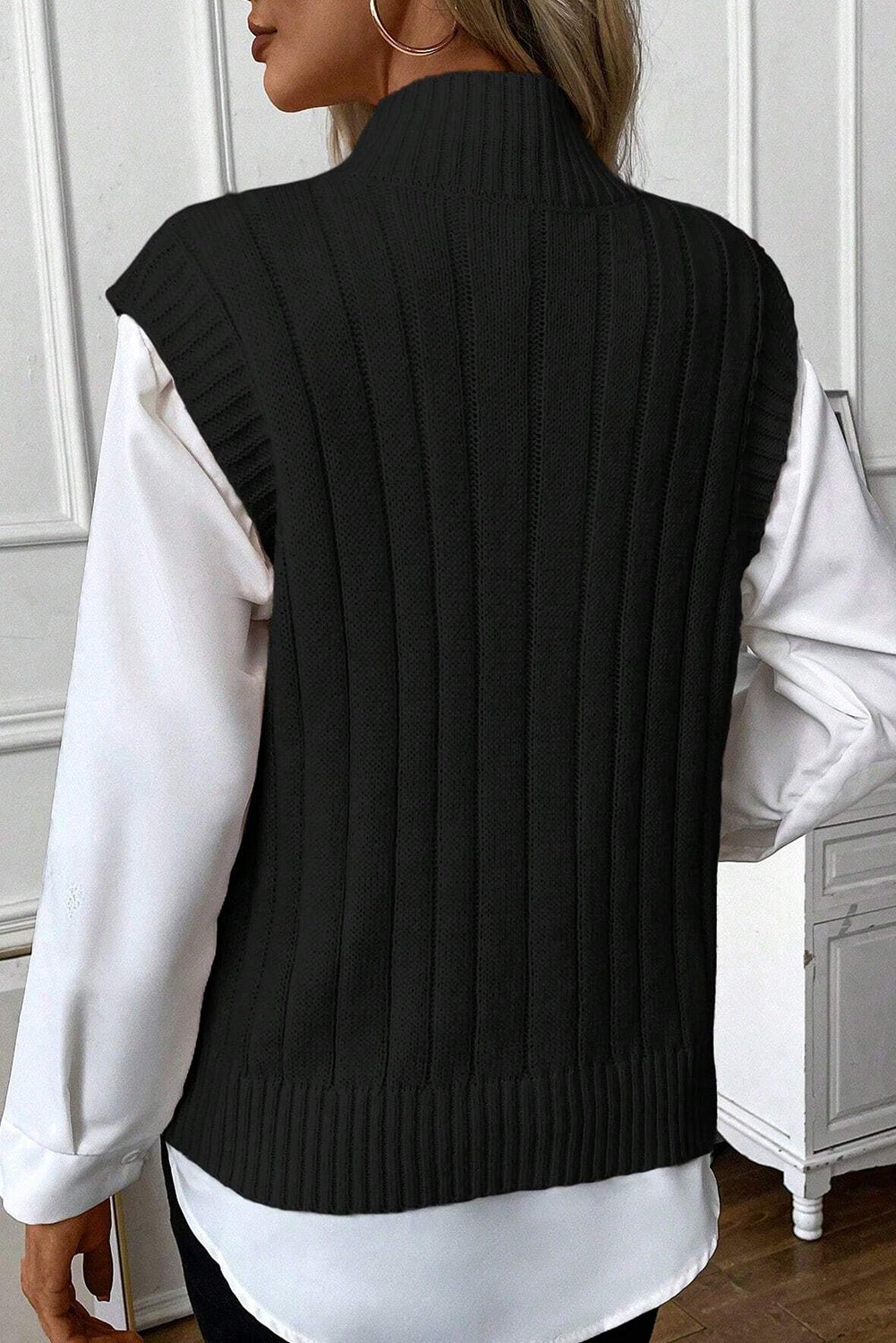 Black Cable Knit High Neck Sweater Vest