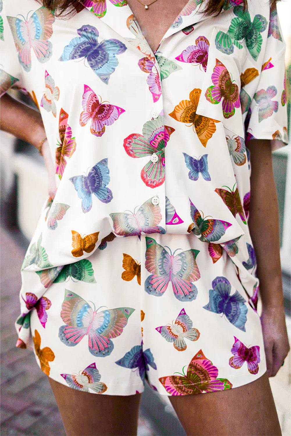 Multicolour Butterfly Pattern Short Sleeve Shirt Pajamas Set