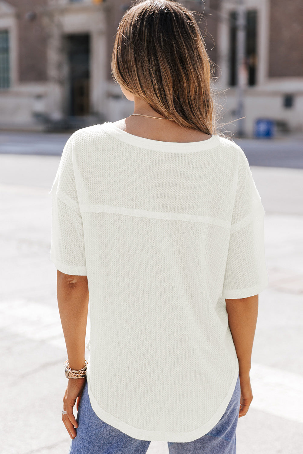 White Waffle Knit Drop Shoulder Loose Top