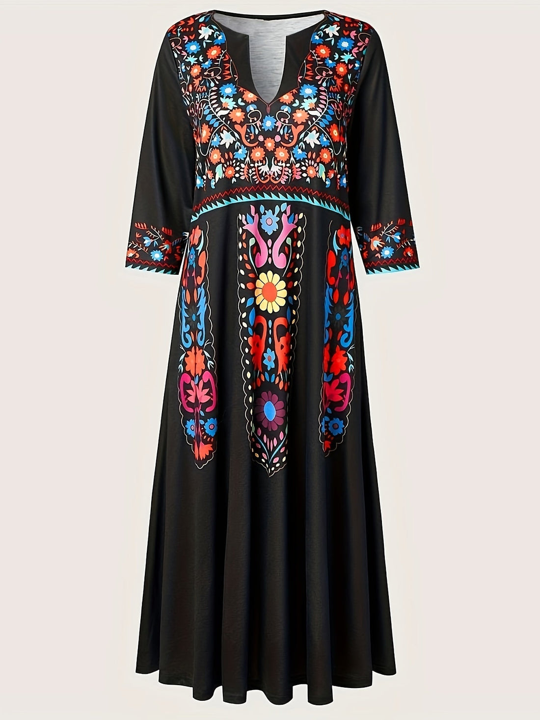 Ethnic Print Dual Pockets Dress, Casual Half Sleeve V-neck Dress