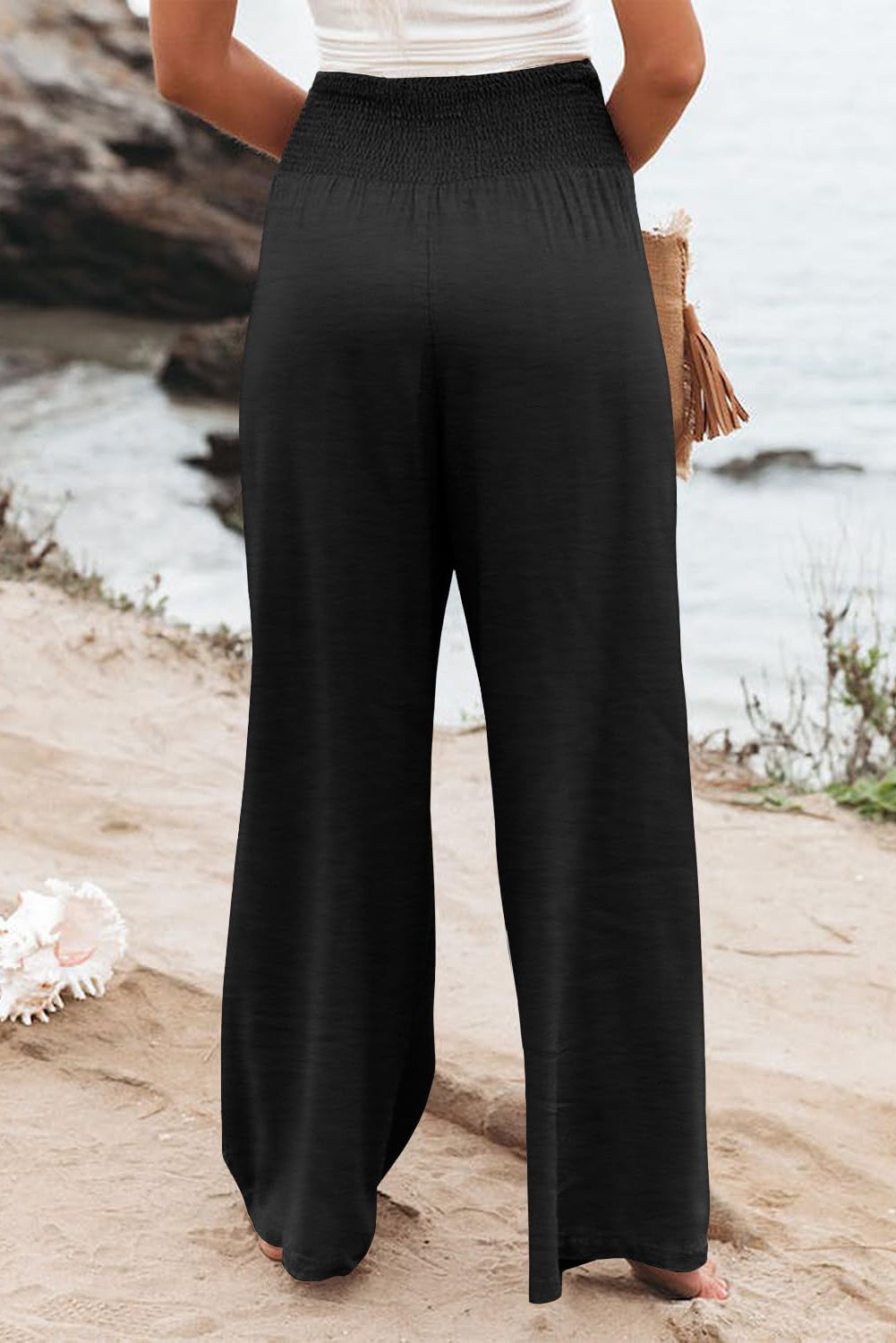 Black Shirred High Waist Plus Size Wide Leg Pants