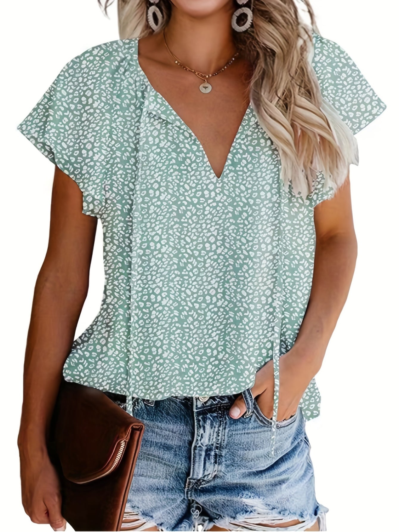 V Neck Flutter Sleeve Blouse, Loose Casual Top