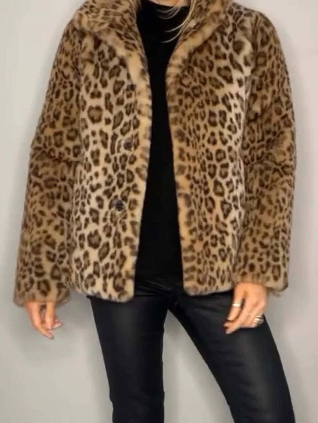 Full Size Leopard Furry Collared Neck Long Sleeve Coat