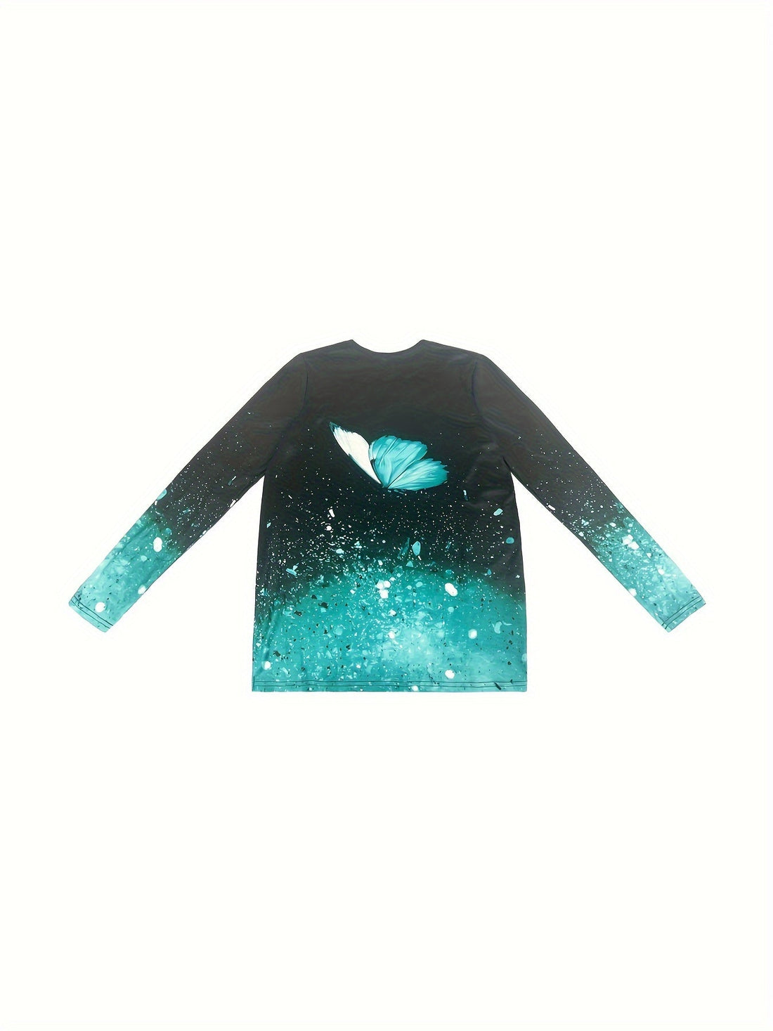 Shiny Butterfly Print Crew Neck T-Shirt, Casual Long Sleeve T-Shirt