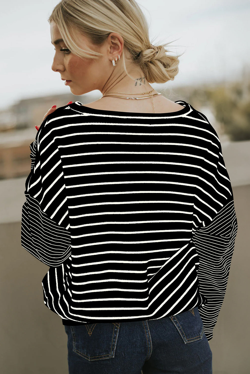 Black Stripe Patchwork Loose Long Sleeve Tee