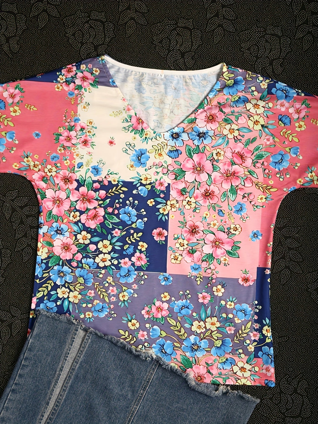 Floral Print V Neck T-Shirt, Short Sleeve Casual Top