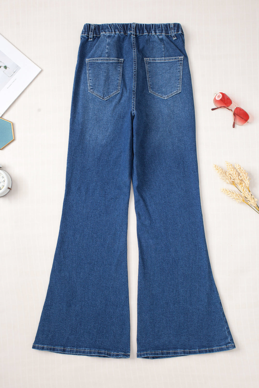 Blue Elastic High Waist Flare Jeans