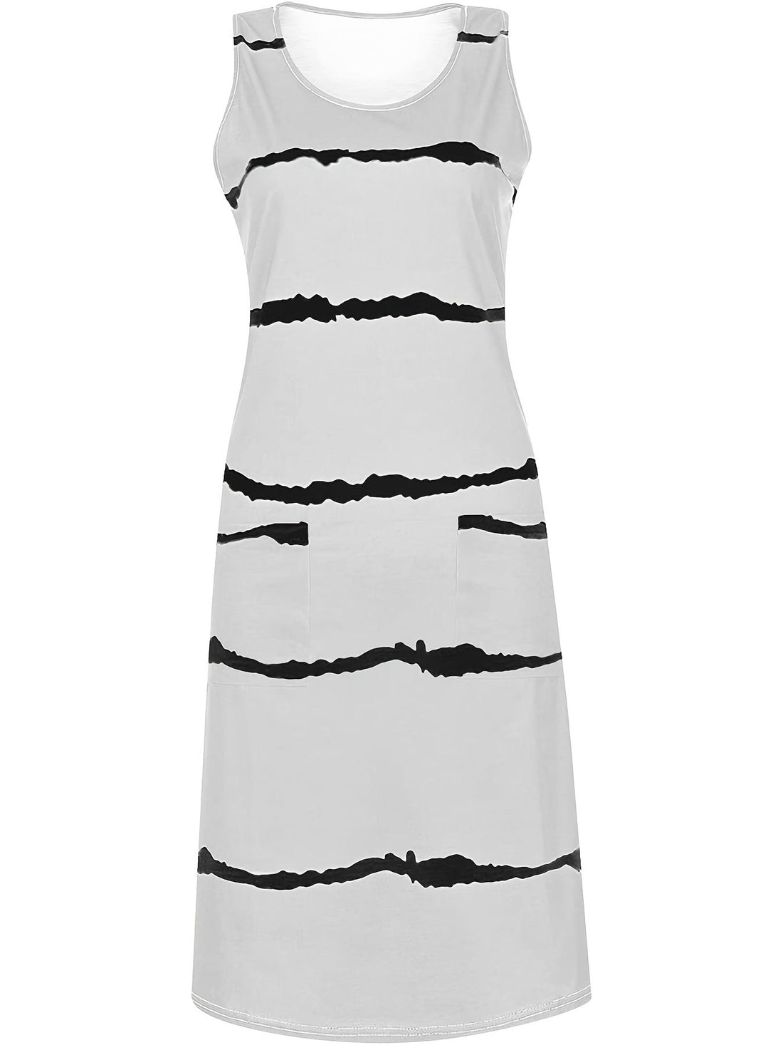 Colorblock Strip Print Tank Dress With Pockets, Slight Stretch Casual Dress