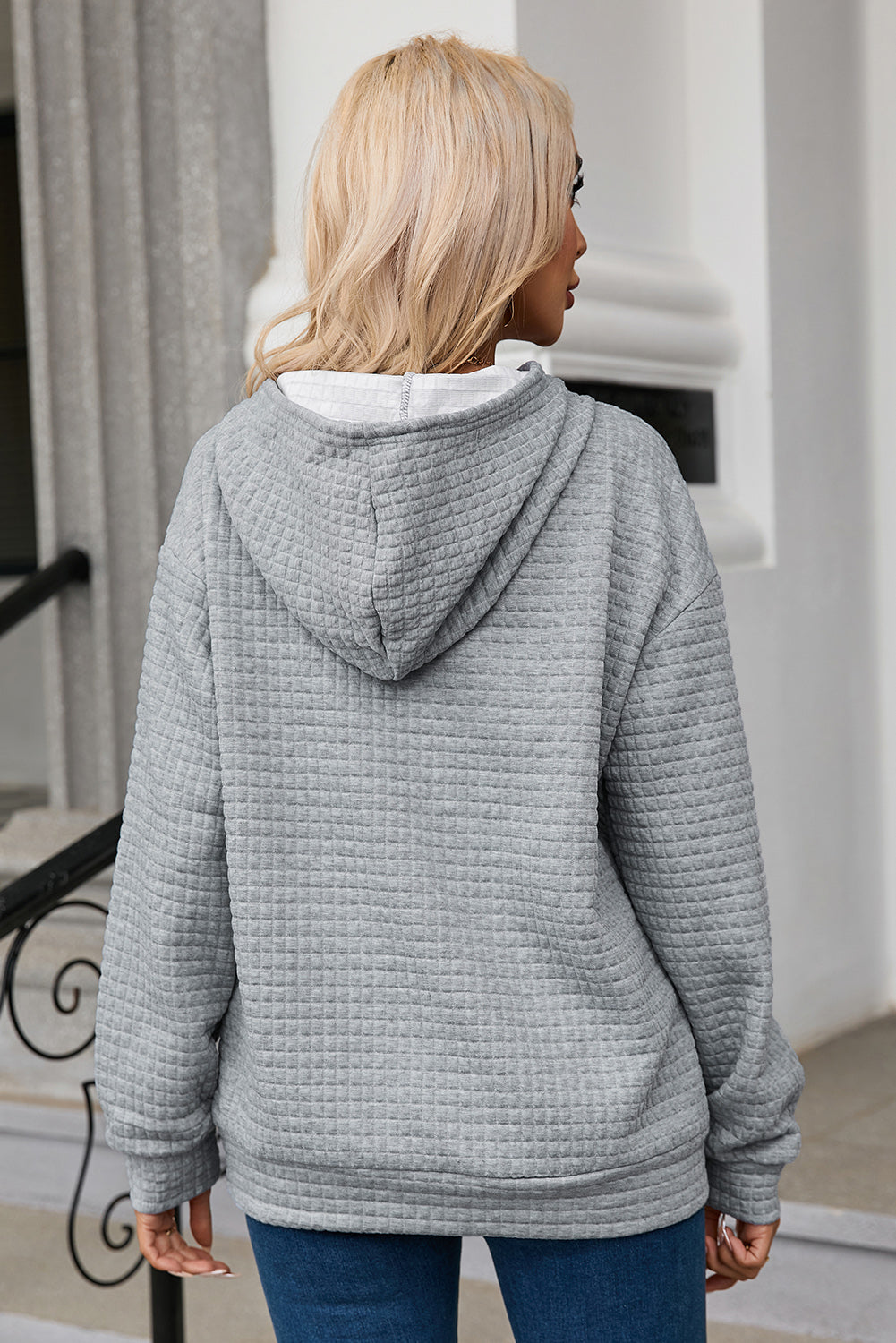 Gray Quilted Kangaroo Pocket Drawstring Hoodie